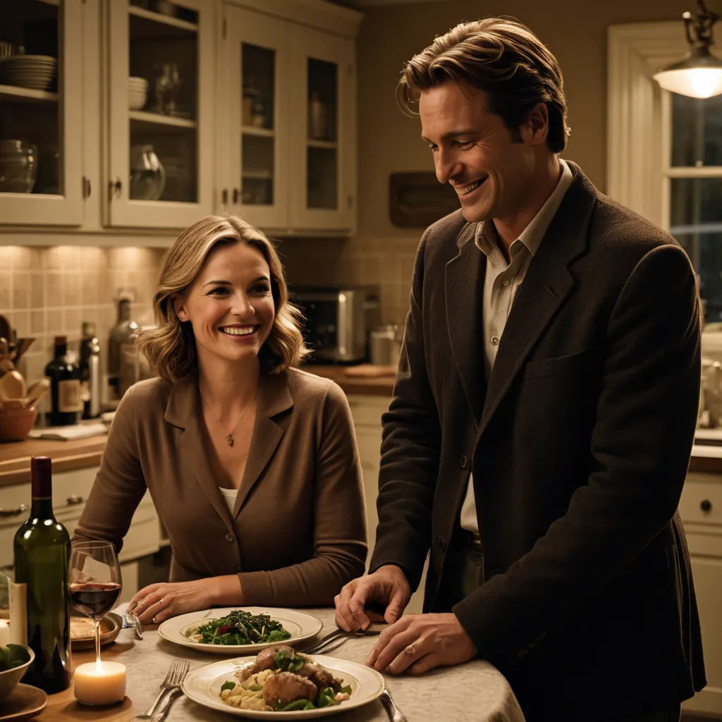 a man and woman are smiling while preparing food in a kitchen together, with a wine bottle and a glass, magic realism, a stock photo, Dan Scott, promotional image