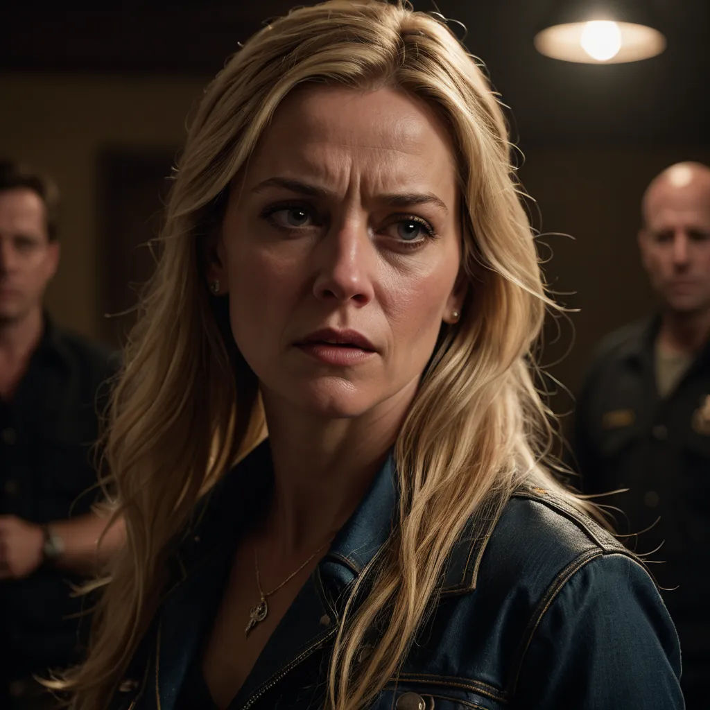 a woman with a concerned look on her face in a dark room with other men in the background looking on, serial art, a poster, Amy Weber, promotional image