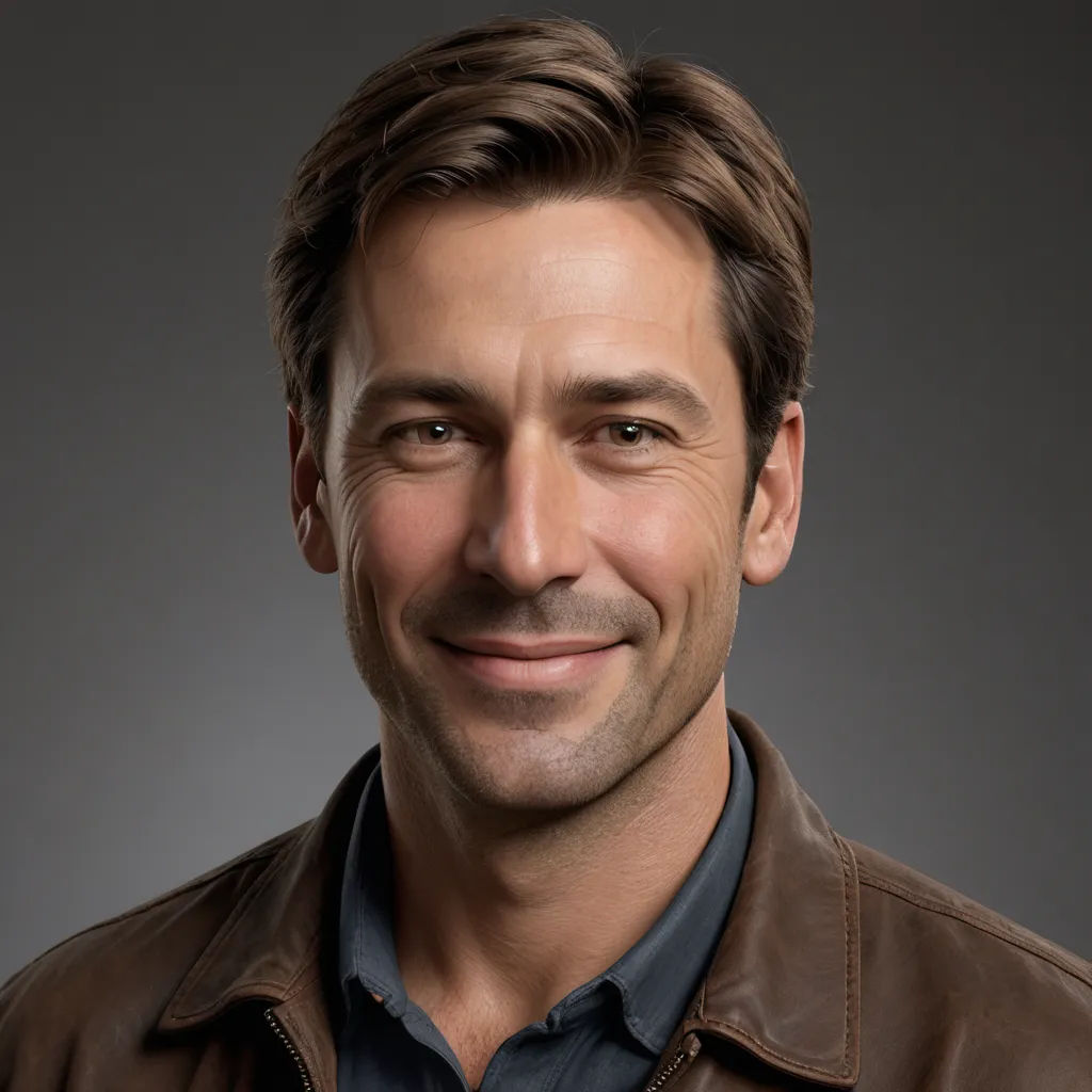 a man smiling and wearing a brown jacket and blue shirt and a brown leather jacket on a gray background, hyperrealism, a character portrait, Dan Scott, unreal engine 5 quality render