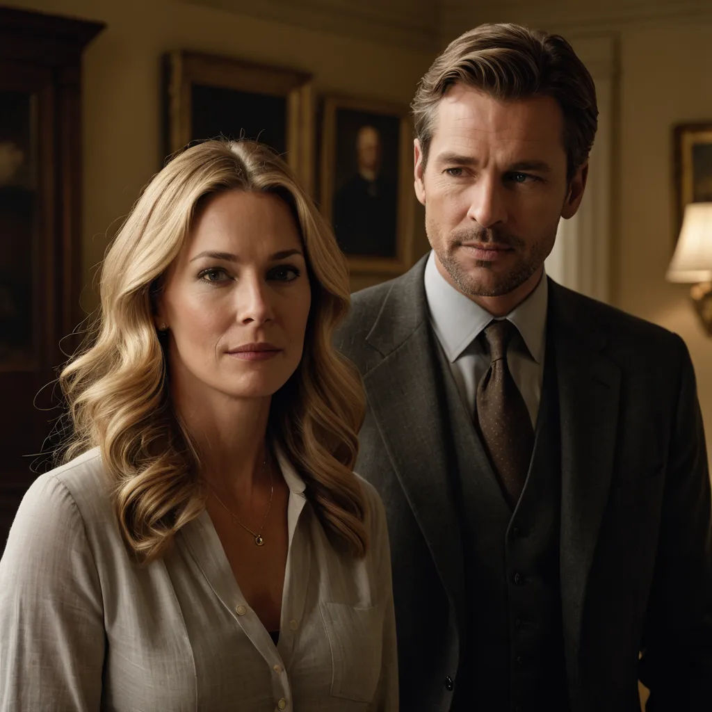 a man and a woman standing in a room together, one of them is wearing a suit and the other is a tie, international gothic, a poster, Elizabeth Forbes, promotional image