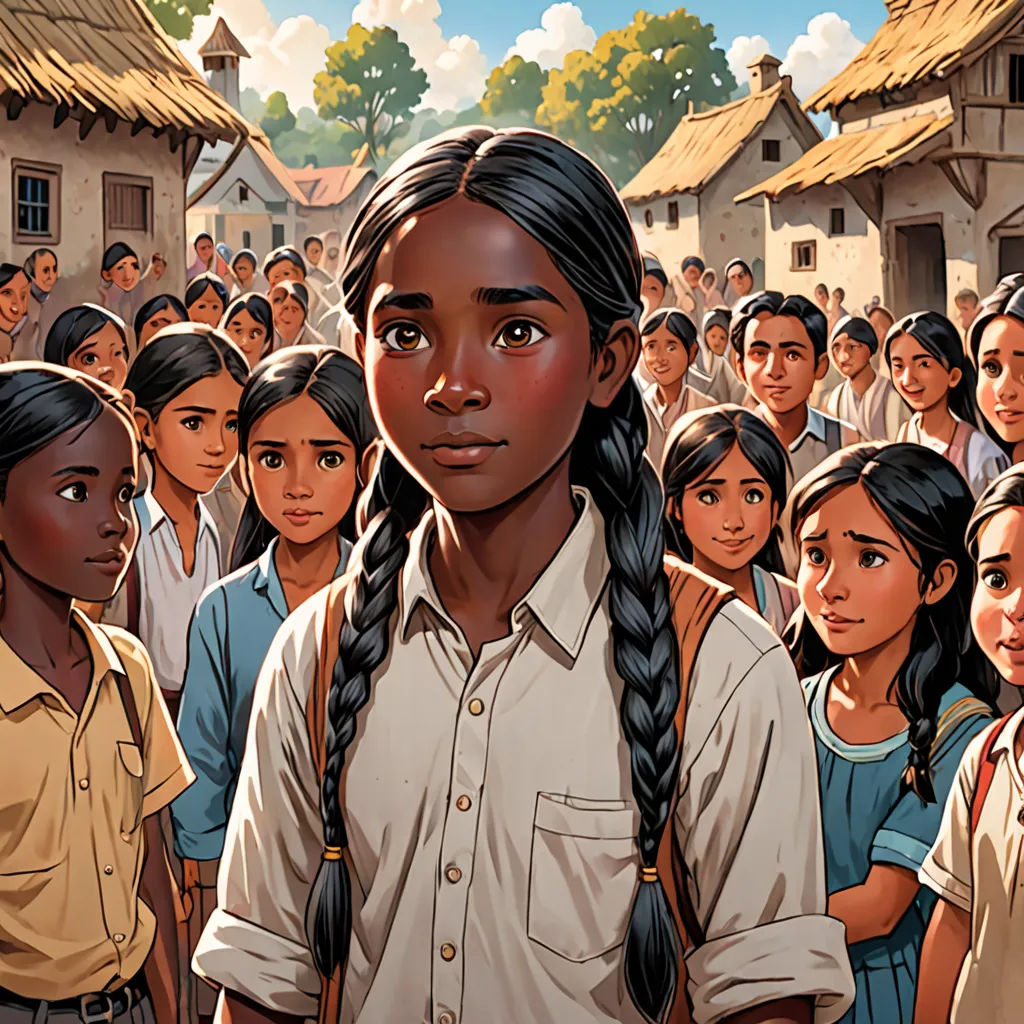 a painting of a girl standing in front of a crowd of children in a village with a building in the background, magical realism, a storybook illustration, Ella Guru, book cover