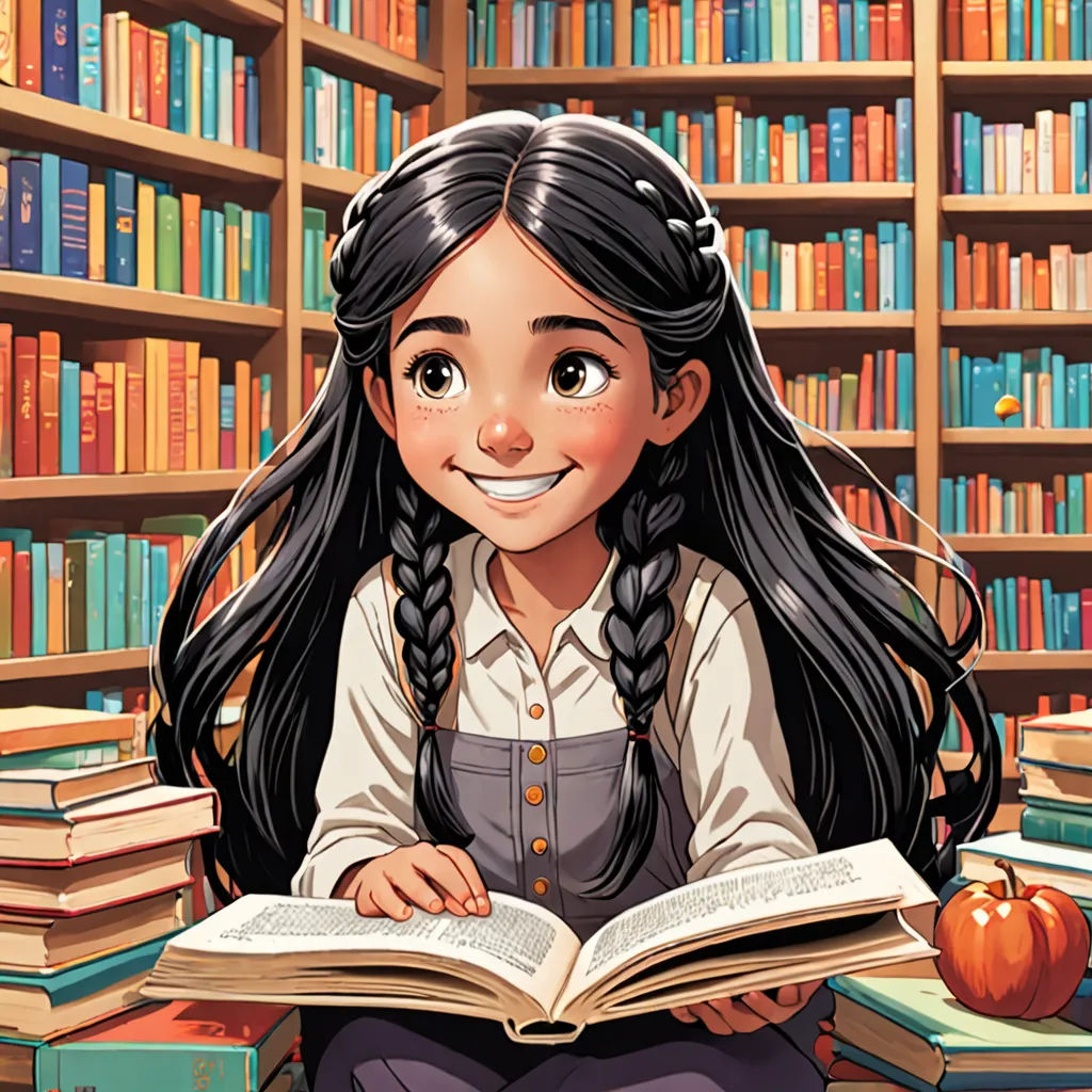 a girl sitting on the floor reading a book in a library with bookshelves behind her and an apple on the floor, private press, a storybook illustration, Elinor Proby Adams, storybook illustration