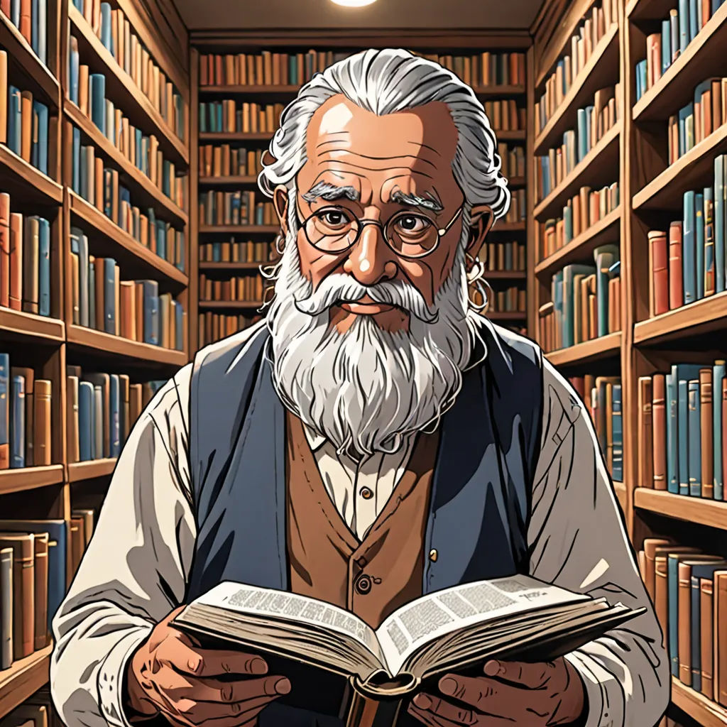 a man with a beard and glasses is reading a book in a library full of bookshelves and books, rayonism, a character portrait, Asaf Hanuka, official art