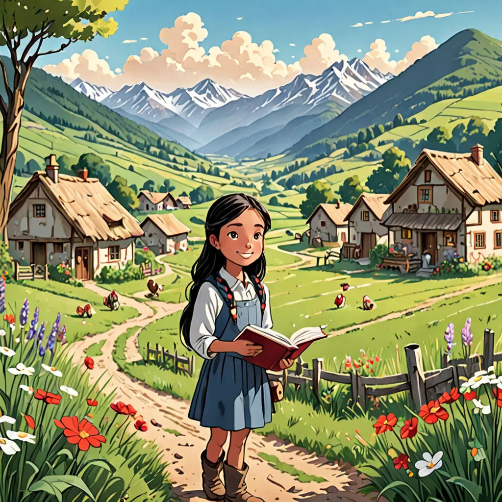 a girl is standing in a field with a book in her hand and a mountain in the background with flowers, fantasy art, a storybook illustration, Colin Middleton, storybook illustration