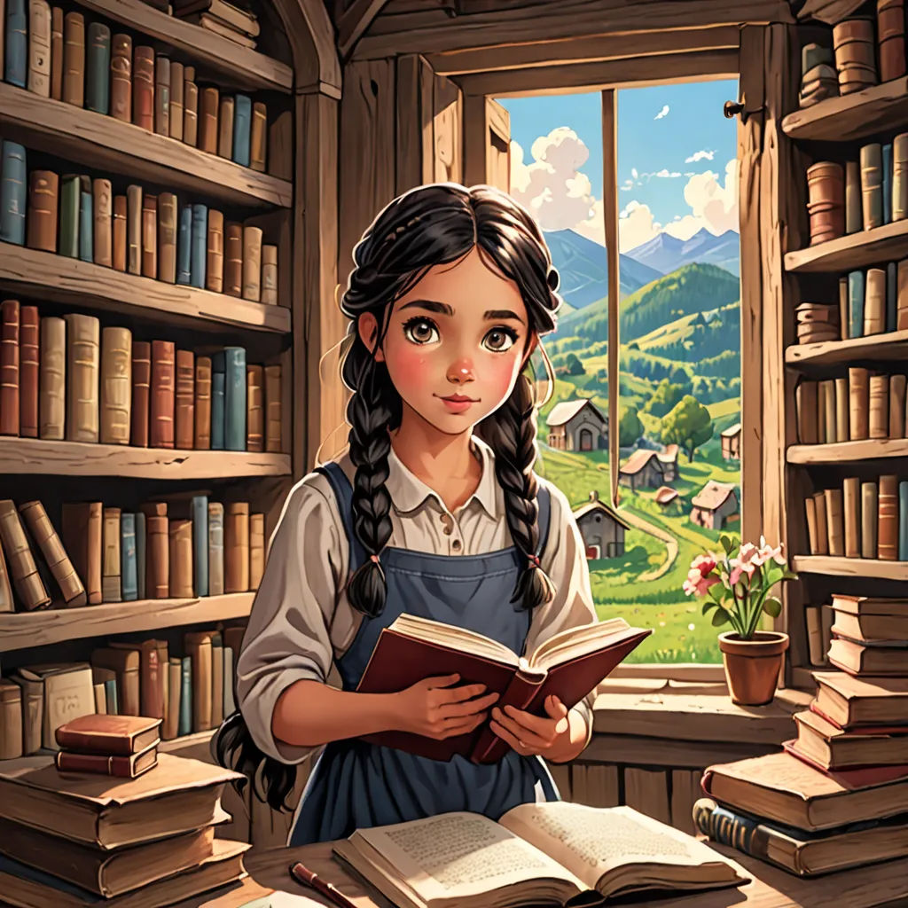 a girl reading a book in a library with a window and a mountain view behind her and a bookcase full of books, fantasy art, a storybook illustration, Claire Falkenstein, storybook illustration