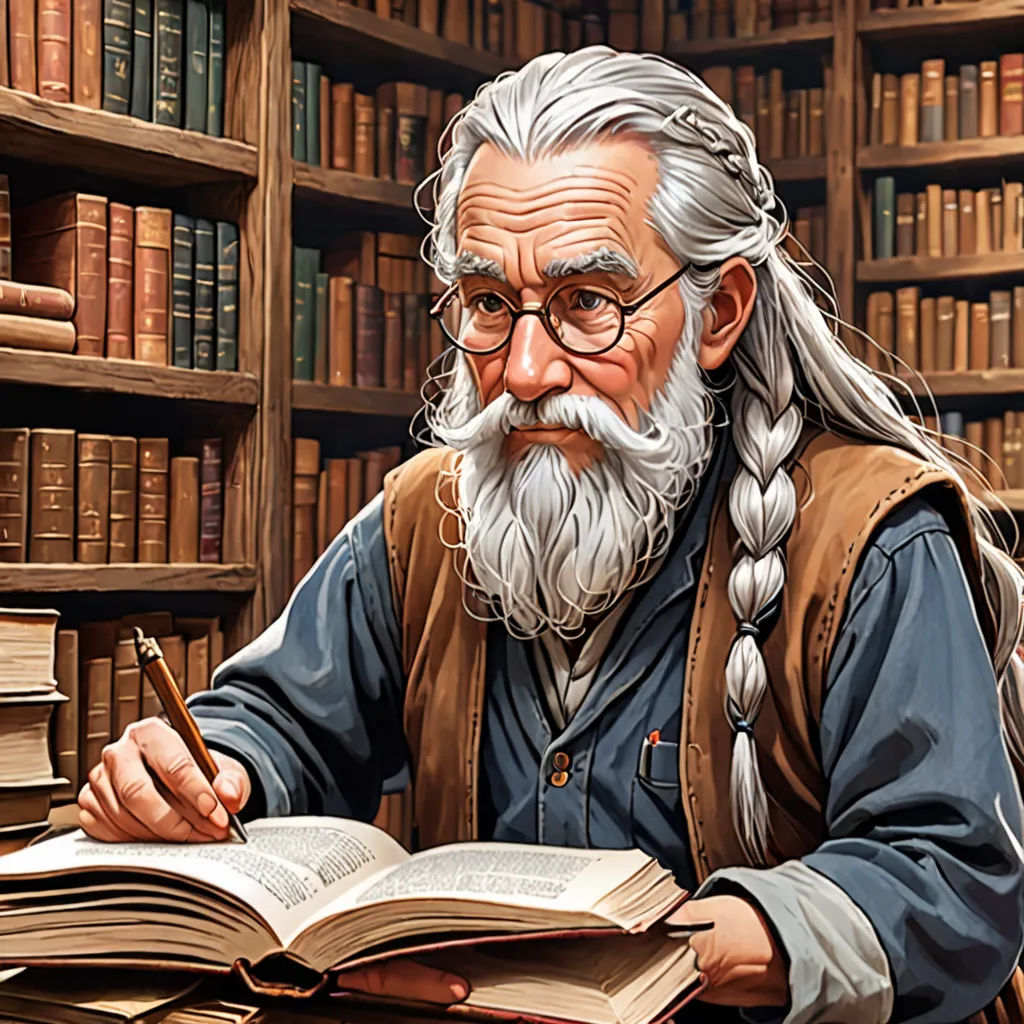 a man with a long beard sitting at a table with a book and pen in his hand and a book in front of him, fantasy art, a storybook illustration, Art of Brom, highly detailed digital painting