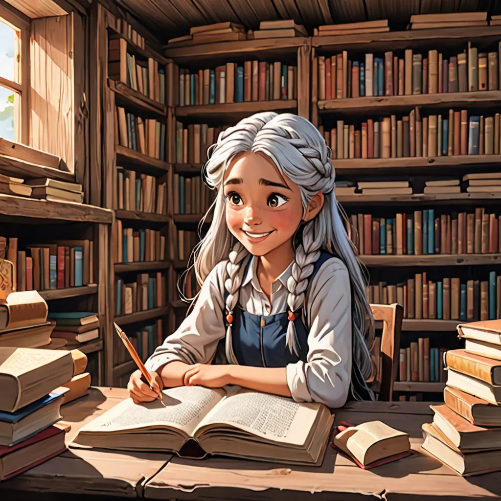 a girl sitting at a table with a book and a pen in front of a bookcase full of books, fantasy art, a storybook illustration, Artgerm, rossdraws global illumination