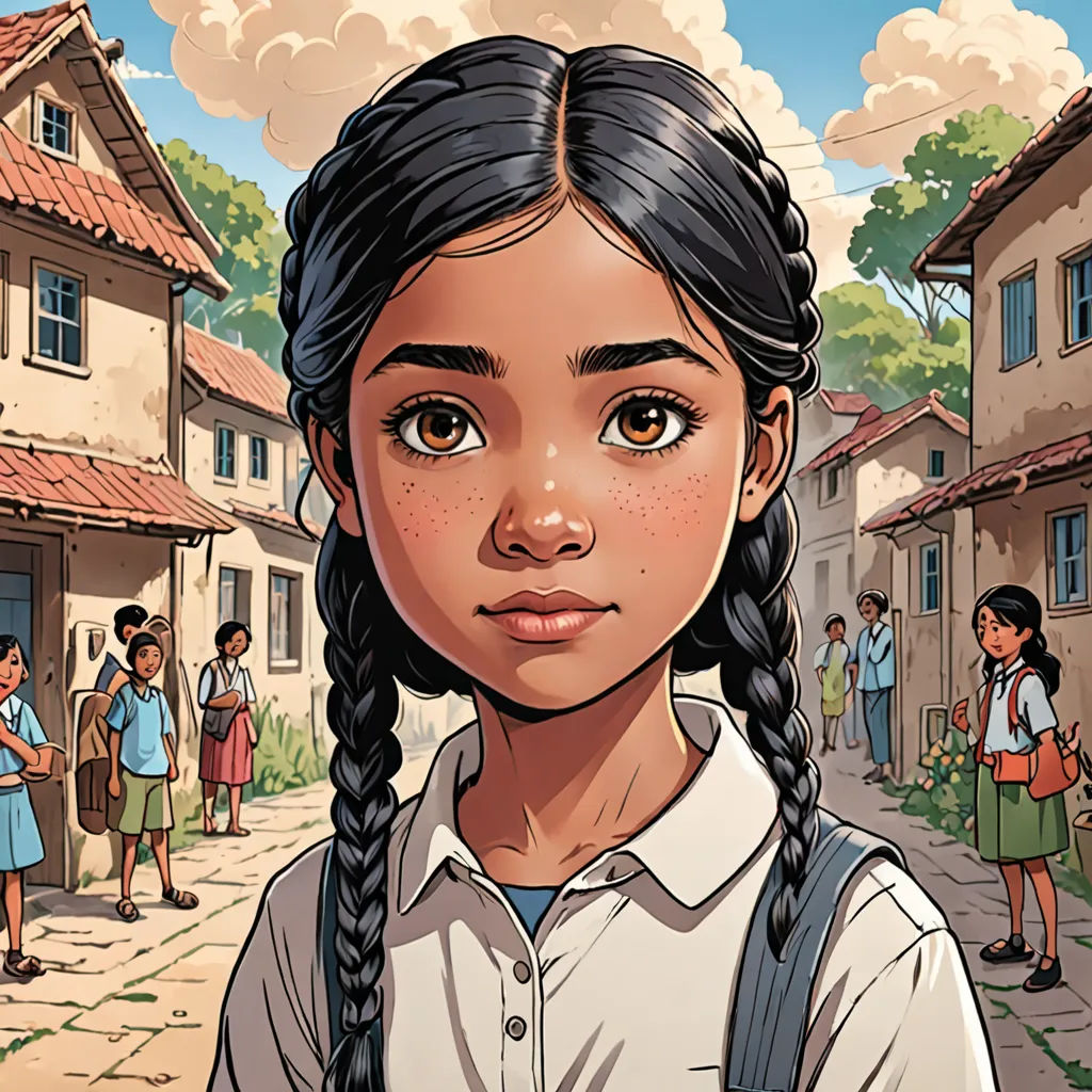 a girl with braids standing in front of a group of people in a village with a sky background, magical realism, a comic book panel, Constance Gordon-Cumming, comic cover art