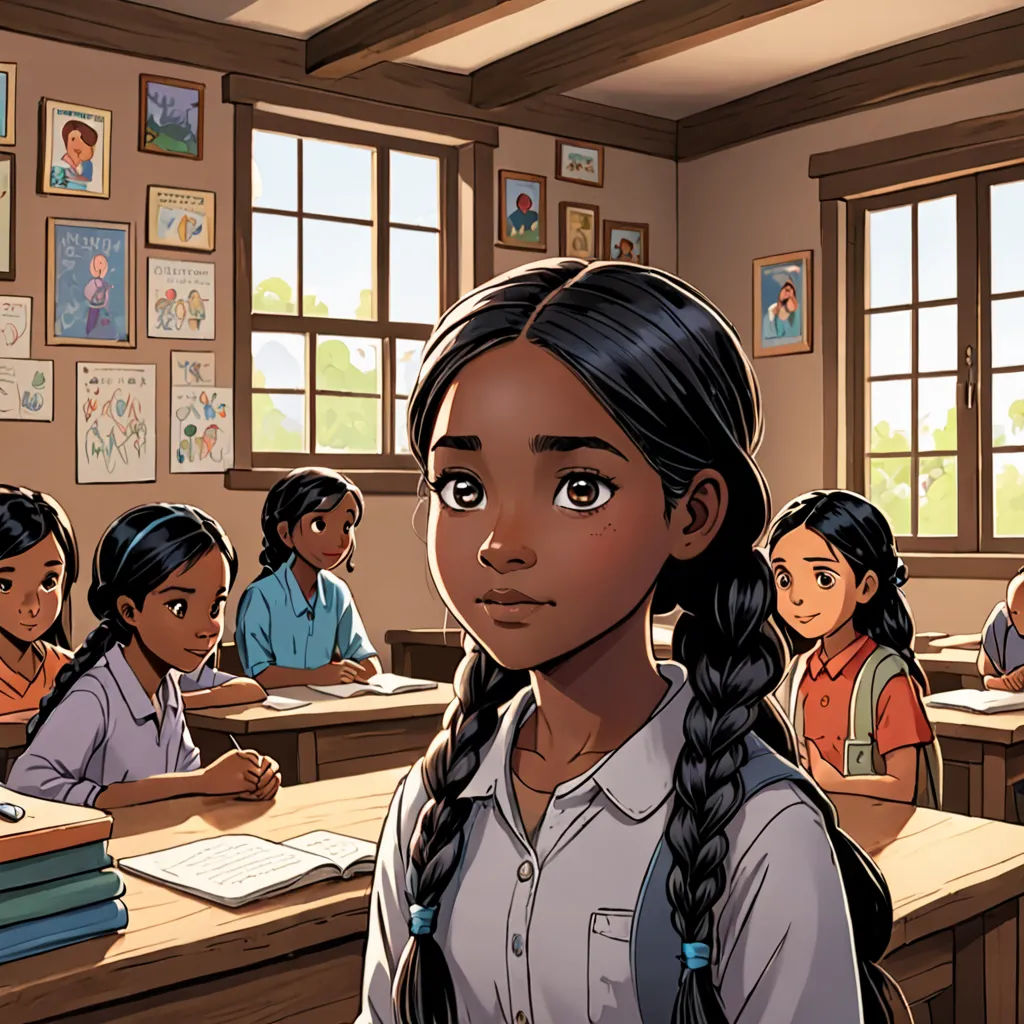a girl stands in front of a classroom full of students in the background, with a cartoon of a girl in the foreground, vancouver school, a comic book panel, Ella Guru, official art