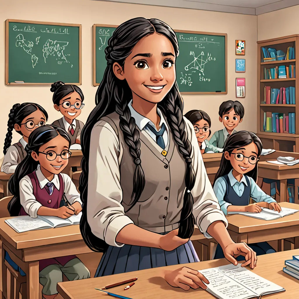 a cartoon of a girl in a classroom with other students in the background and a teacher in the foreground, quito school, a comic book panel, Araceli Gilbert, official art