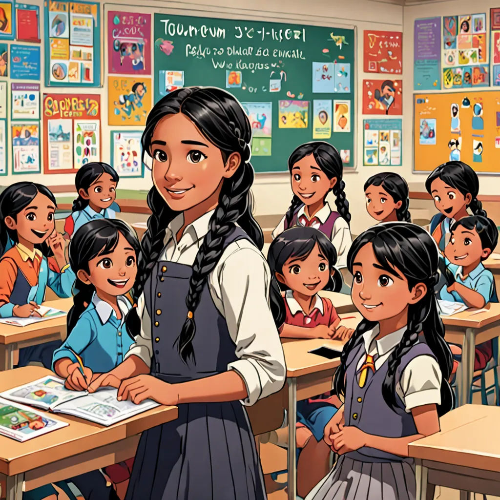 a girl standing in front of a classroom full of students with a book in her hand and a teacher in the background, bengal school of art, a comic book panel, Ella Guru, official art