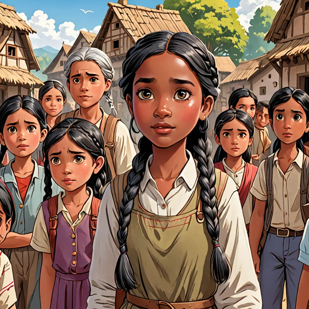 a group of people standing in front of a village with a woman in a brown dress and a man in a white shirt, magical realism, a storybook illustration, Ada Gladys Killins, comic cover art