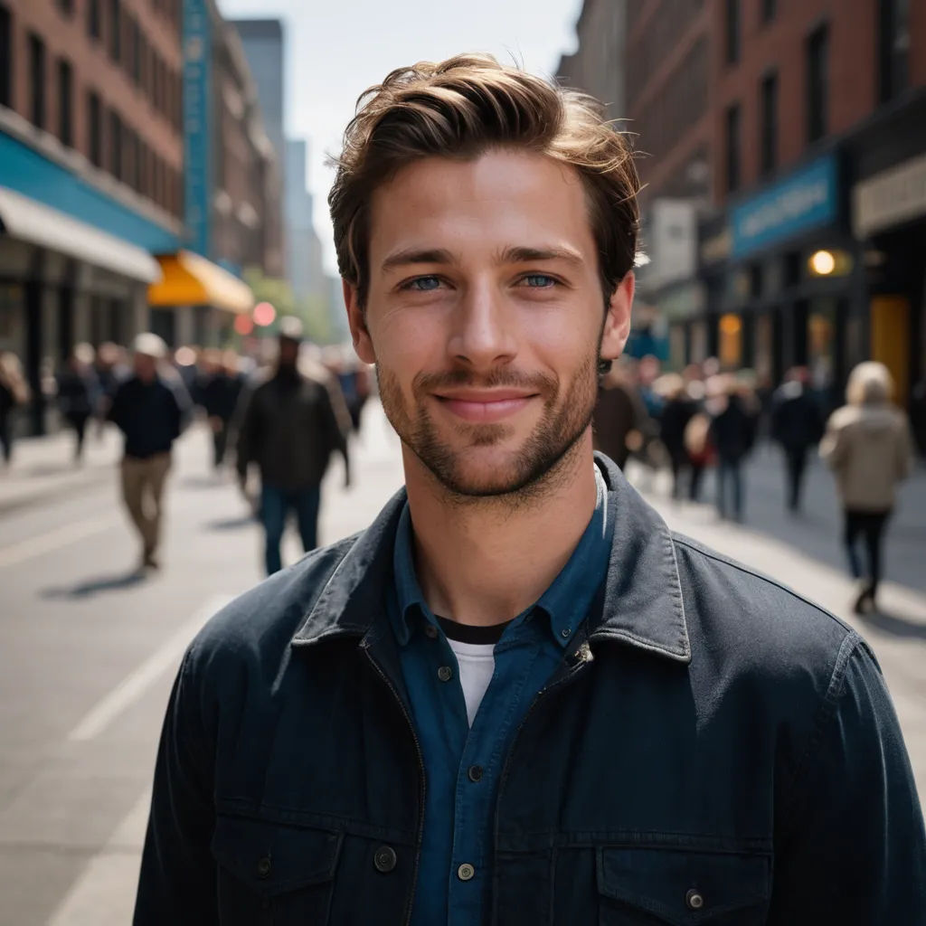 a man standing on a street with a smile on his face and a crowd of people walking on the street, private press, a character portrait, Chris Spollen, mitchell mohrhauser