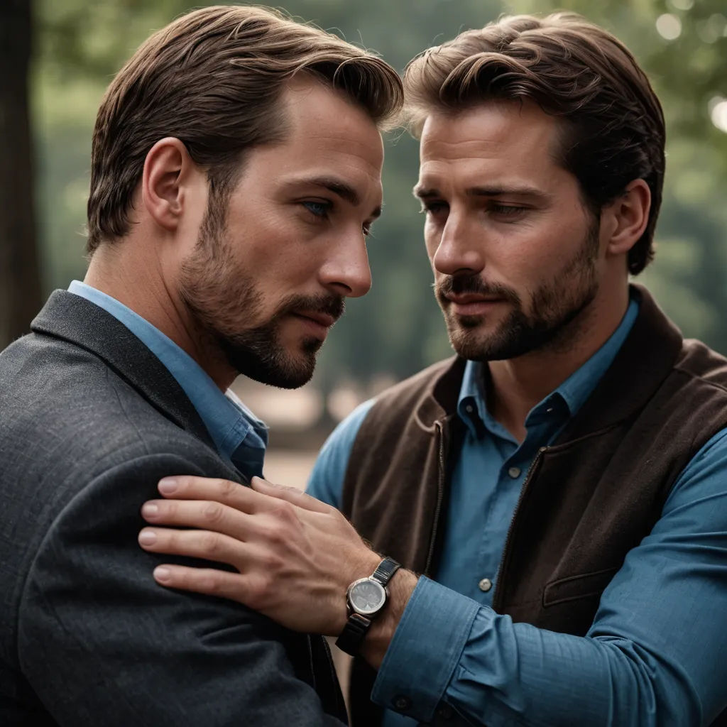 two men are looking at each other while one of them is holding his arm around the other man's shoulder, german romanticism, a stock photo, Christian Hilfgott Brand, promotional image