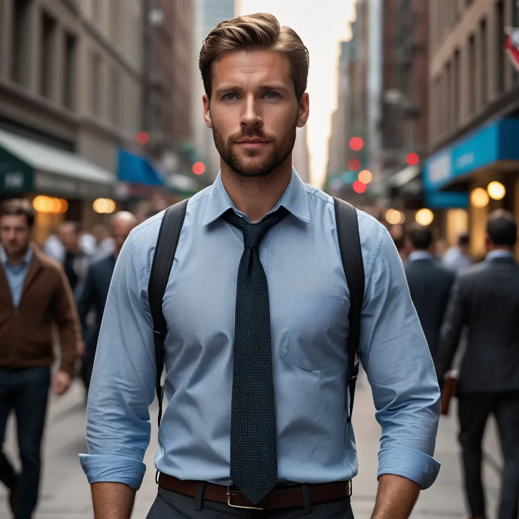 a man in a blue shirt and tie standing on a street corner with a crowd of people walking by, new objectivity, a stock photo, Alexander Kucharsky, j. c. leyendecker 8 k