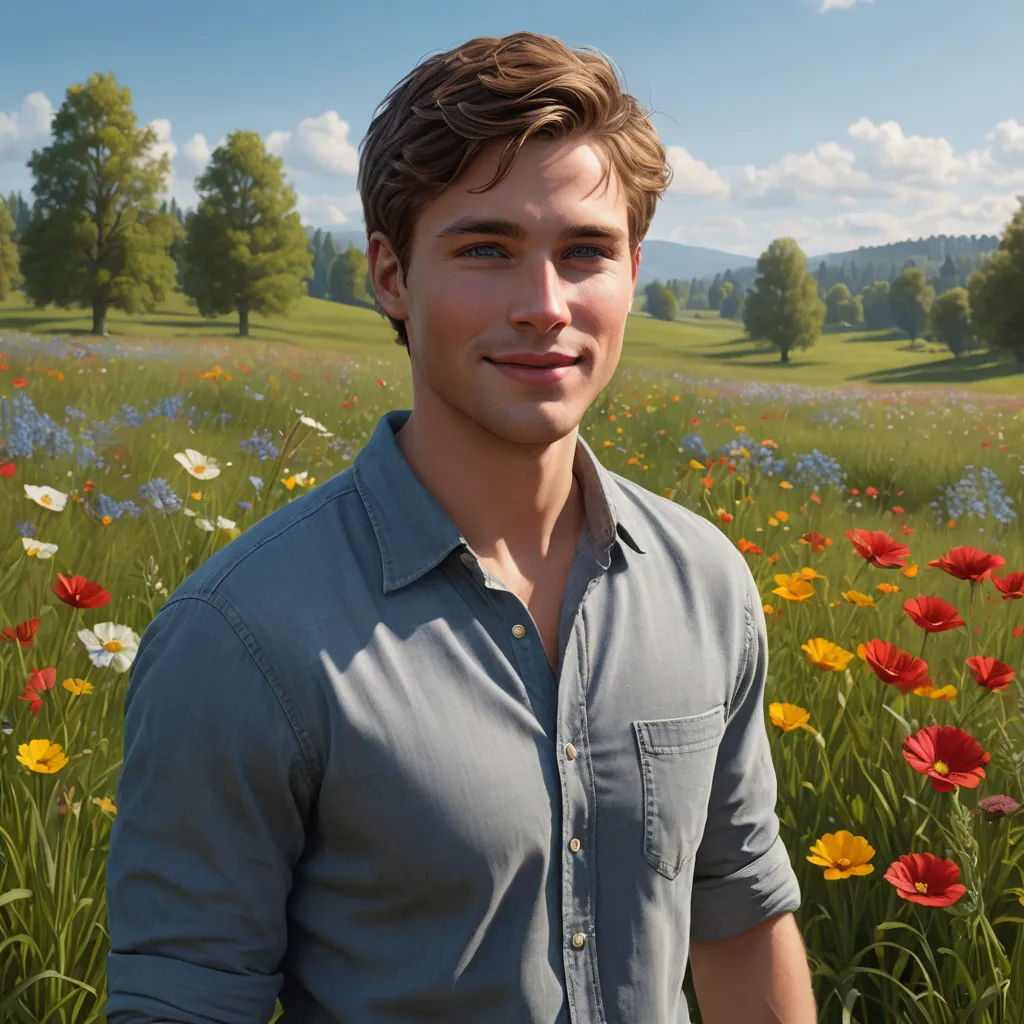 a man standing in a field of flowers with a sky background and clouds in the background, with a blue sky and clouds, photorealism, computer graphics, Cedric Seaut (Keos Masons), unreal engine highly rendered