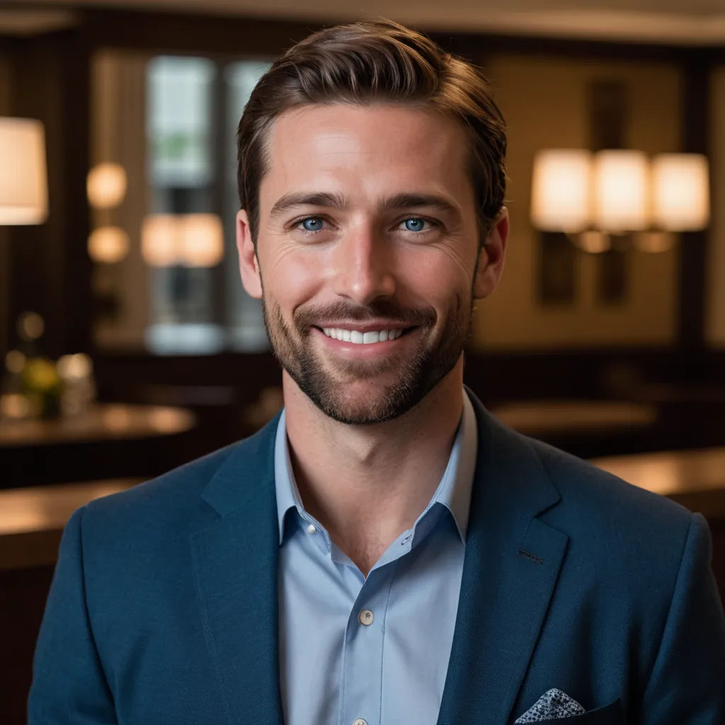 a man in a suit smiling for a picture in a restaurant or bar area with a bar in the background, private press, a character portrait, Aaron Bohrod, mitchell mohrhauser