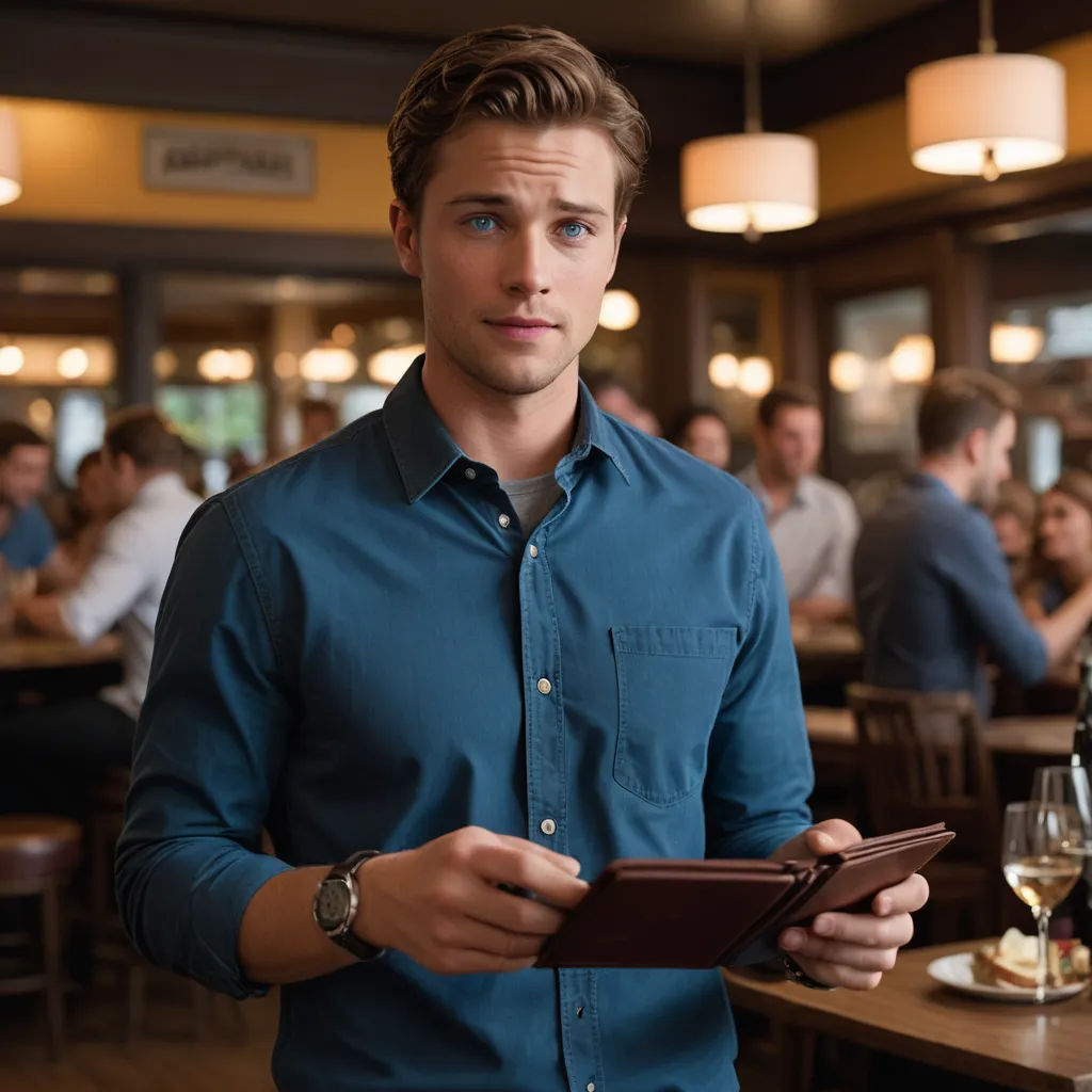 a man holding a tablet in a restaurant with people in the background at tables and chairs and a wine glass, private press, a stock photo, Christian Hilfgott Brand, promotional image