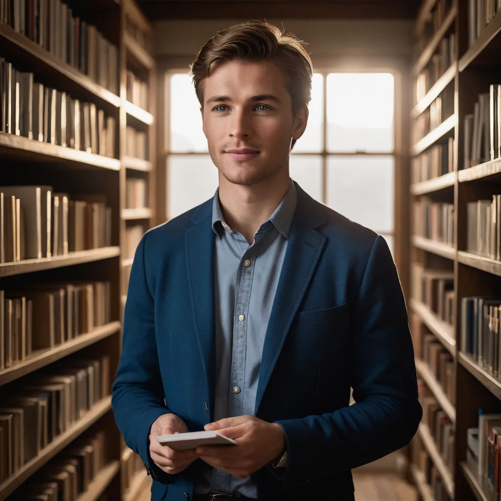 a man in a library holding a remote control in his hand and looking at the camera with a smile, academic art, a stock photo, Art & Language, professional photo