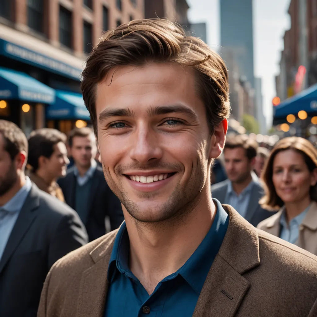 a man smiling in front of a crowd of people on a city street with buildings in the background and a blue awning, maximalism, a stock photo, Adam Paquette, promotional image