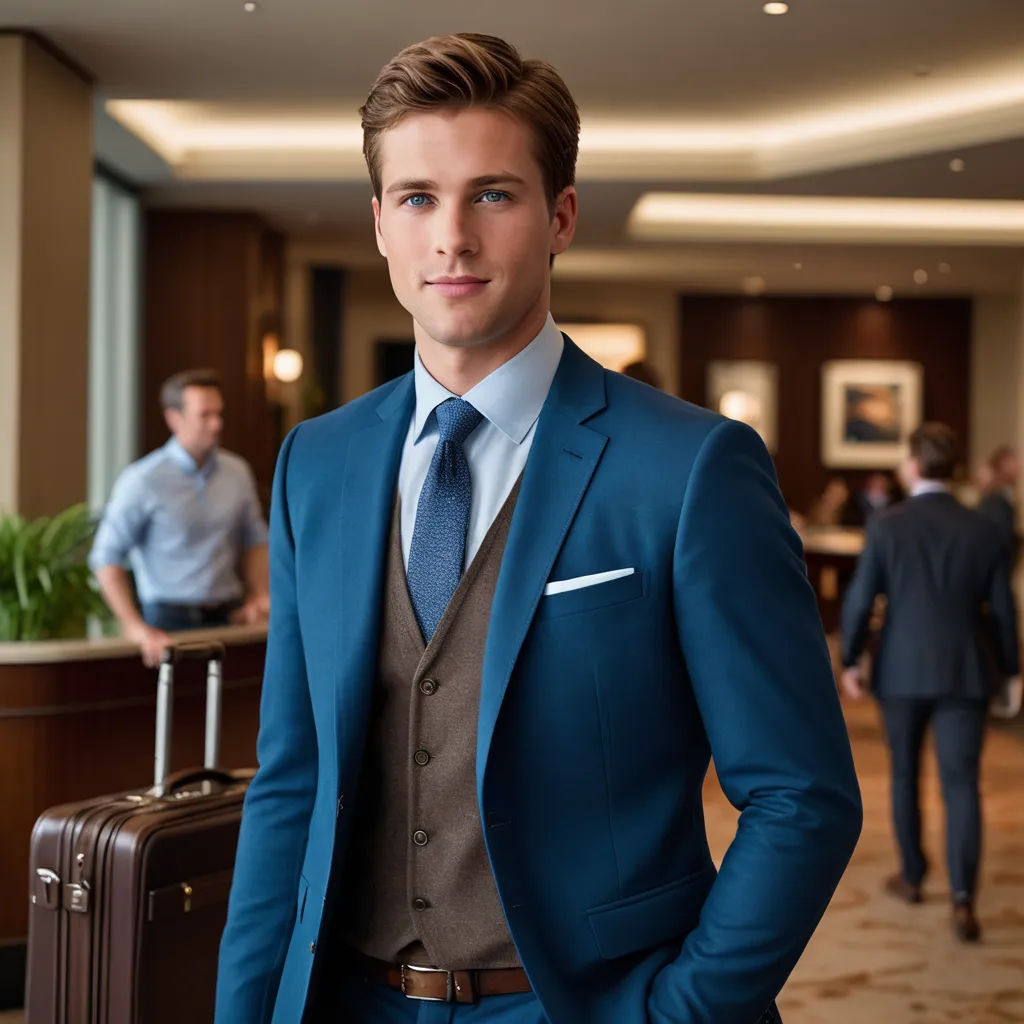 a man in a suit and tie standing in a lobby with a suitcase in his hand and people in the background, arts and crafts movement, a character portrait, Christian Hilfgott Brand, professional