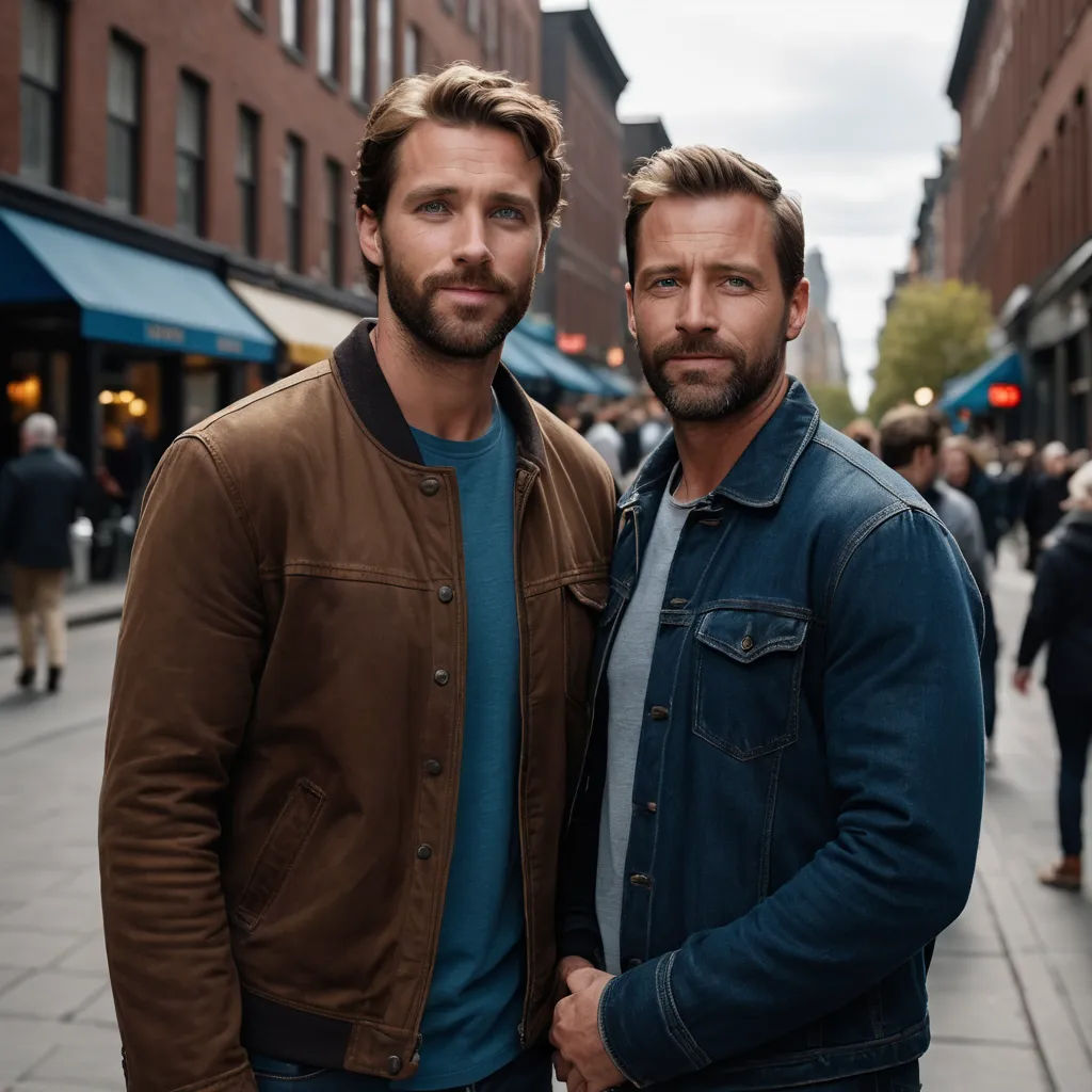 two men standing next to each other on a street corner in front of a building with people walking around, private press, a tilt shift photo, Adam Willaerts, tom of finland
