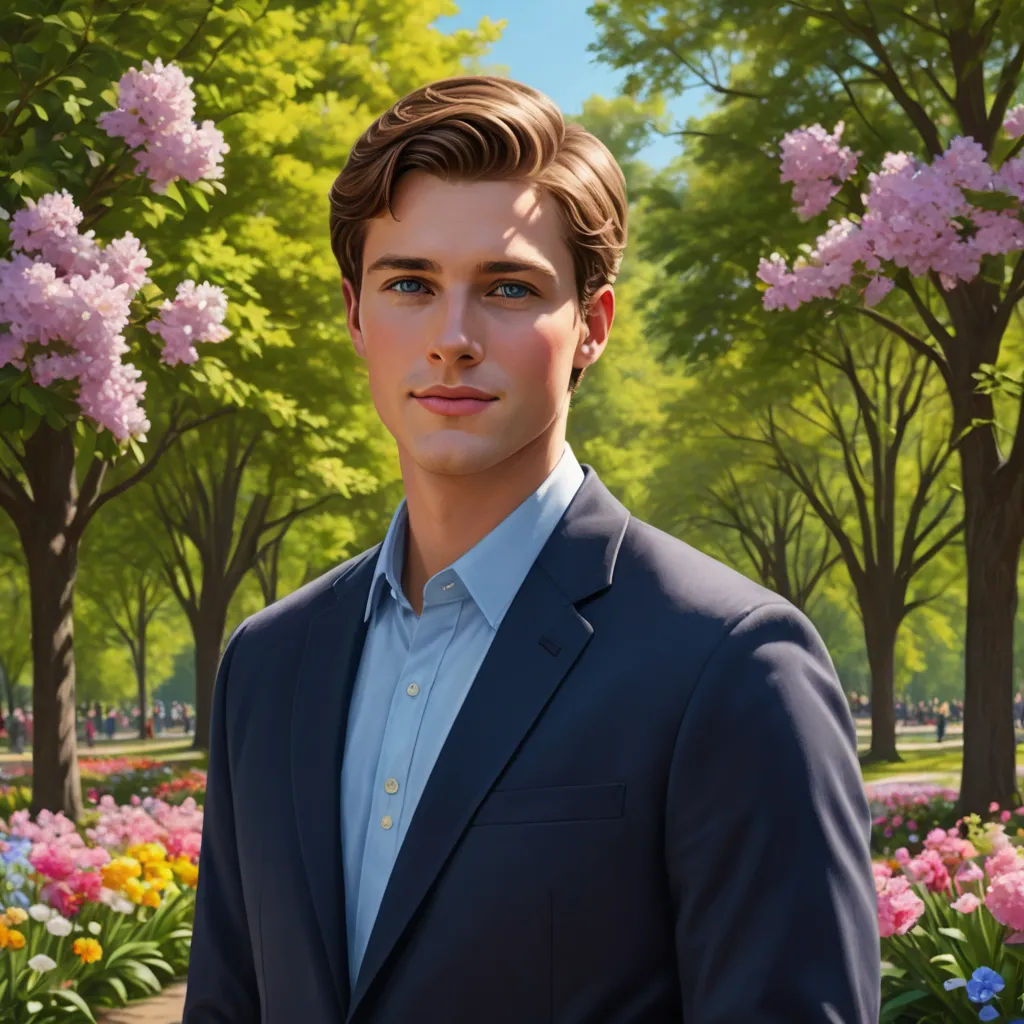a painting of a man in a suit standing in a park with flowers and trees in the background and a blue shirt and blue shirt, american scene painting, a photorealistic painting, Chris LaBrooy, kinkade