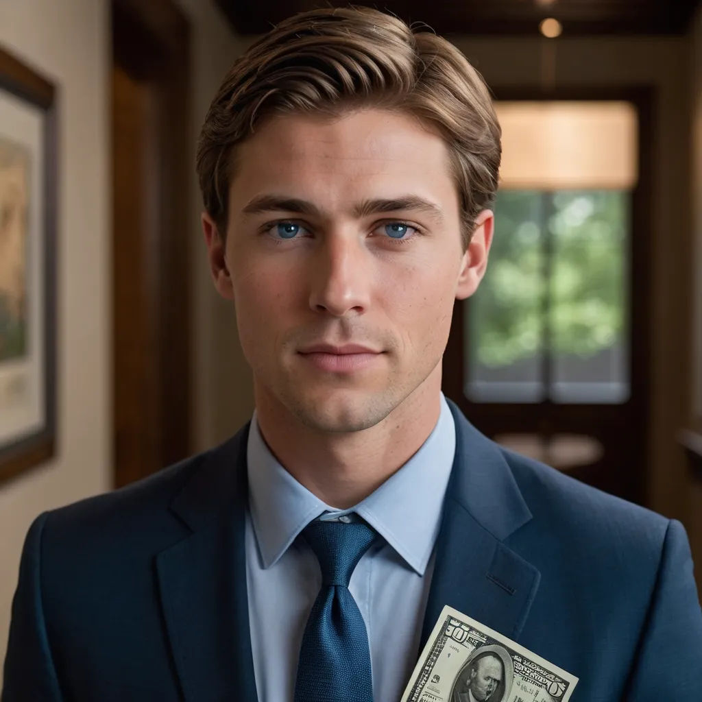 a man in a suit and tie holding a one dollar bill in his hand and looking at the camera, american realism, a character portrait, Alexander Kucharsky, promotional image