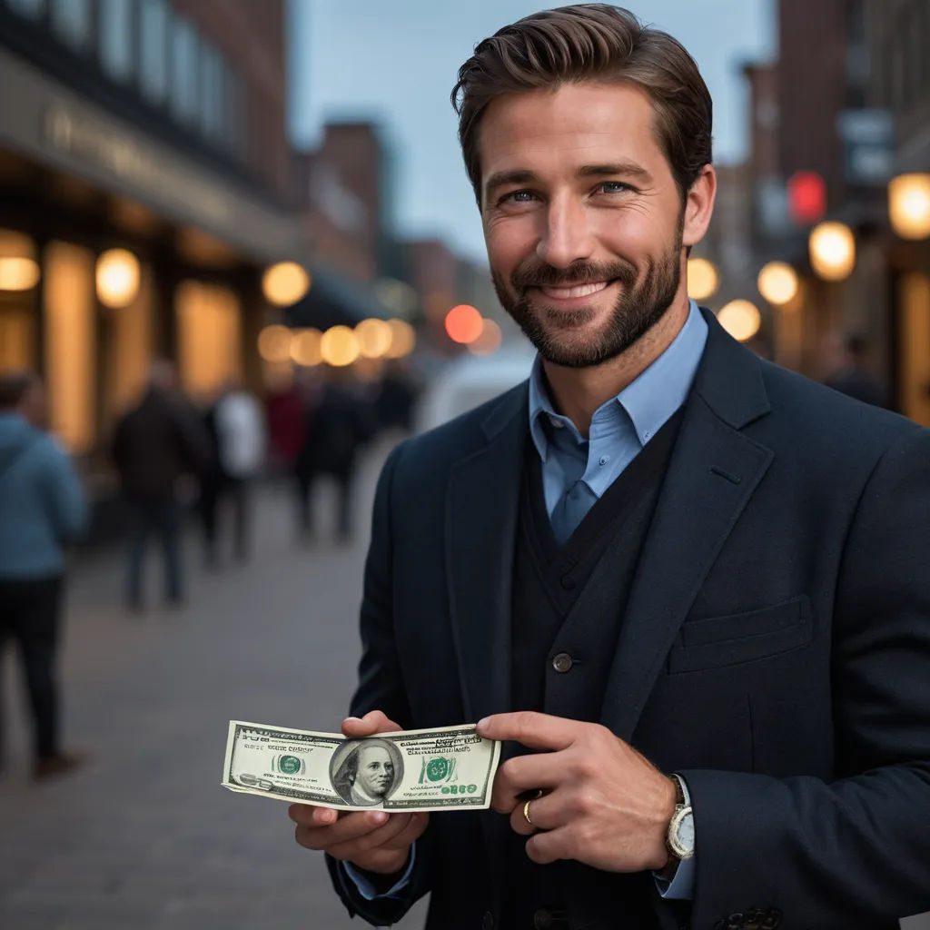 a man in a suit holding a one dollar bill in his hand and smiling at the camera with a city street in the background, neoism, a stock photo, Charles Fremont Conner, promotional image