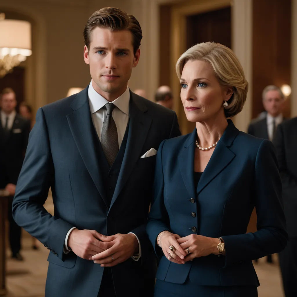 a man and a woman in suits standing together in a room full of people in suits and ties,, mannerism, a poster, Christian Hilfgott Brand, promotional image