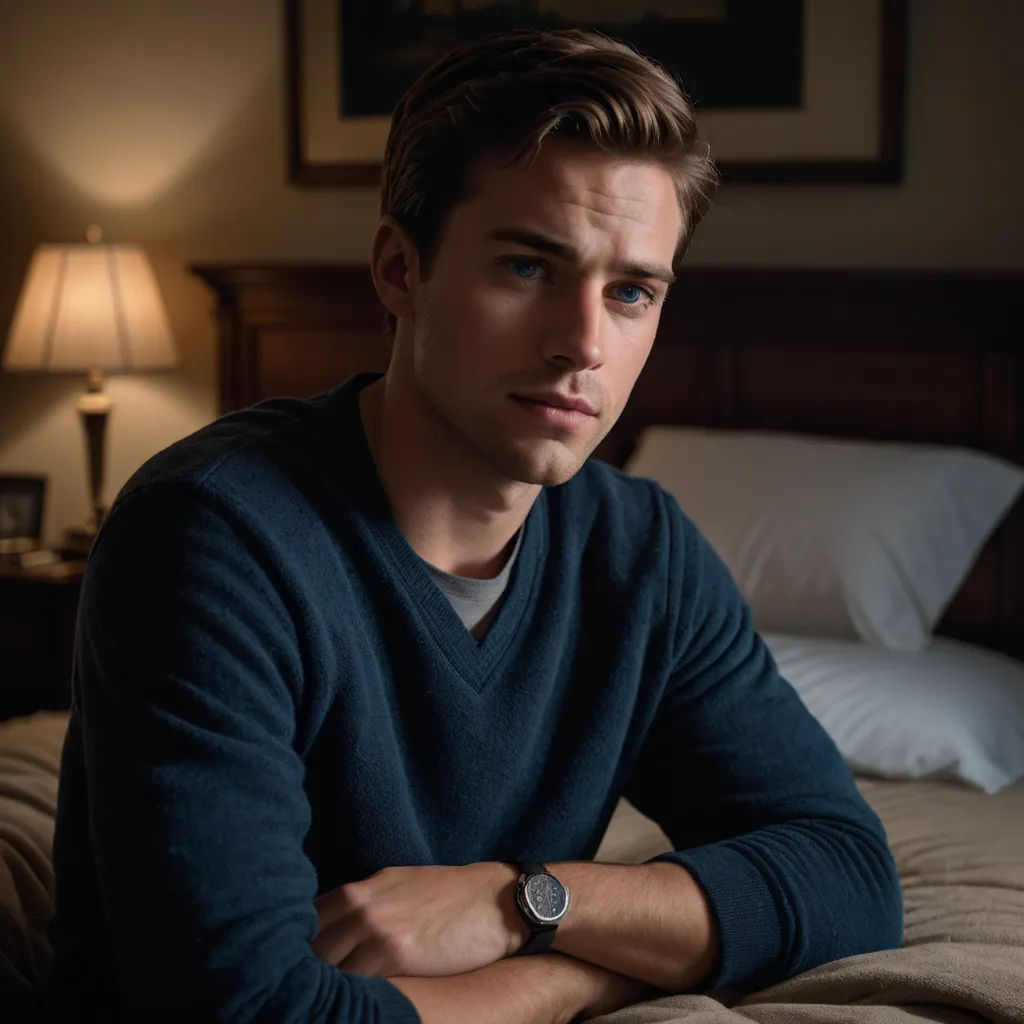 a man sitting on a bed with his arms crossed looking at the camera with a serious look on his face, cloisonnism, a character portrait, Edward Clark, promotional image