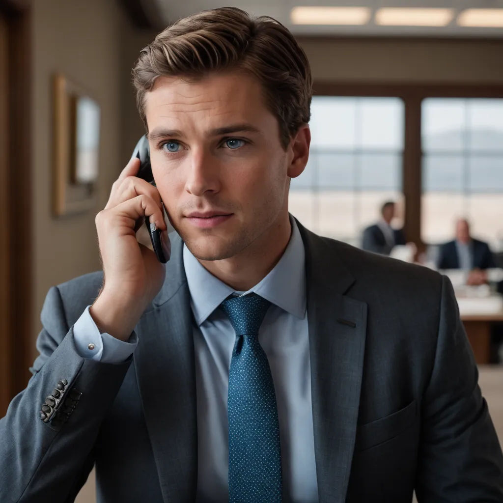 a man in a suit talking on a cell phone in a room with people sitting at tables and a window, mannerism, a stock photo, Alexander Kucharsky, promotional image