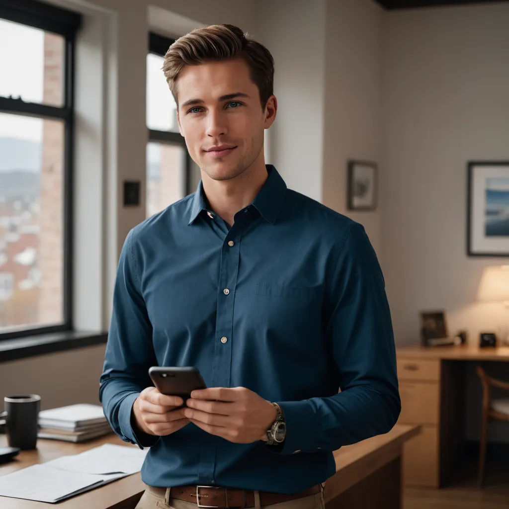 a man standing in a room looking at his cell phone and smiling at the camera with a city view out the window, arbeitsrat für kunst, a stock photo, Christian Hilfgott Brand, professional