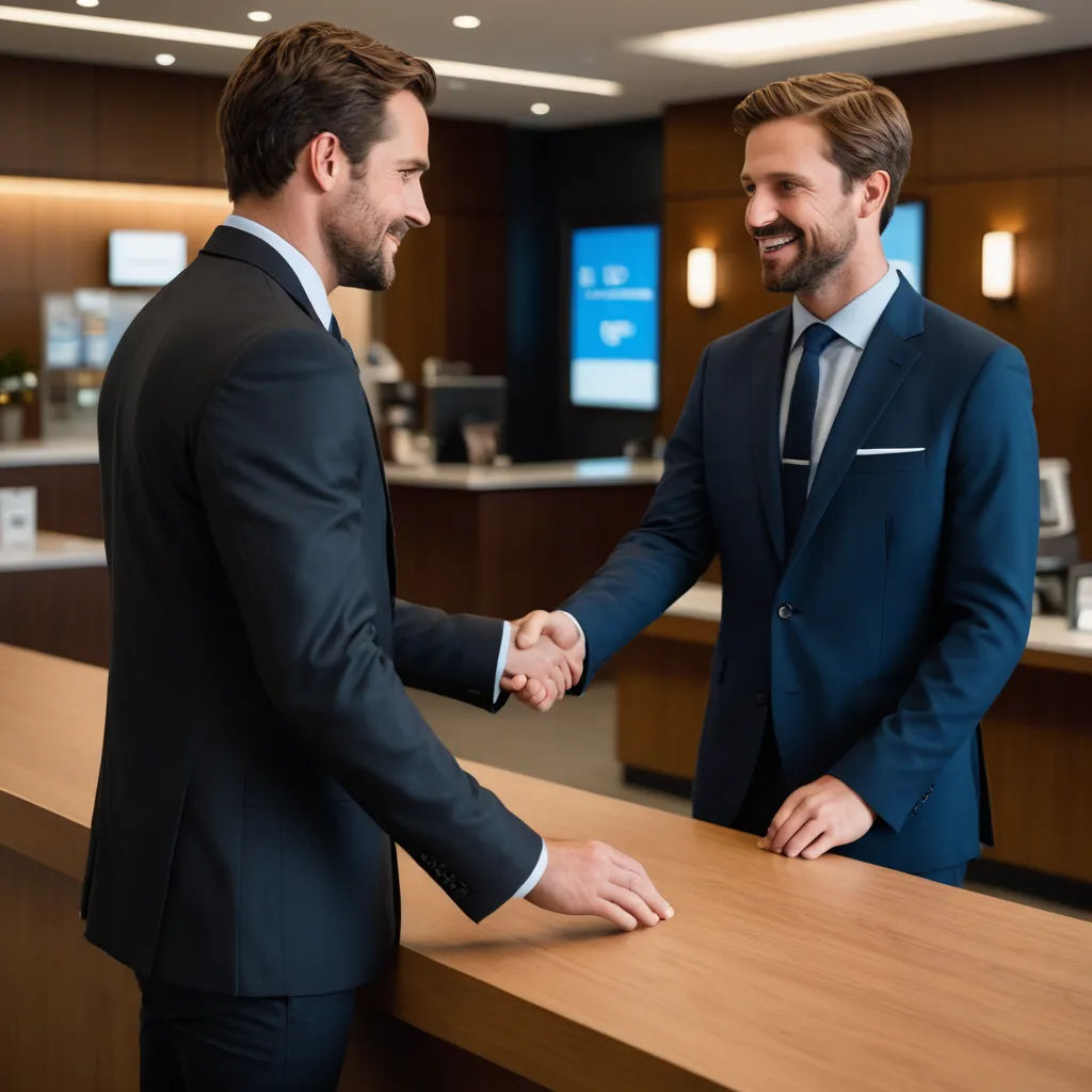 two men in suits shaking hands in a hotel lobby area with a counter and a television screen in the background, private press, a stock photo, Andries Both, professional