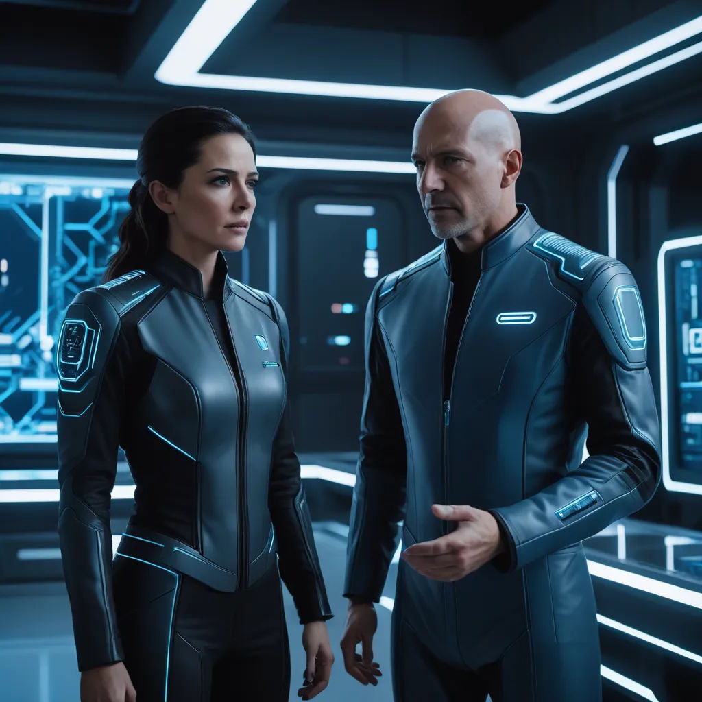 a man and a woman in a sci - fi setting with a futuristic background and a blue light from the ceiling, panfuturism, a hologram, Eve Ryder, promotional image