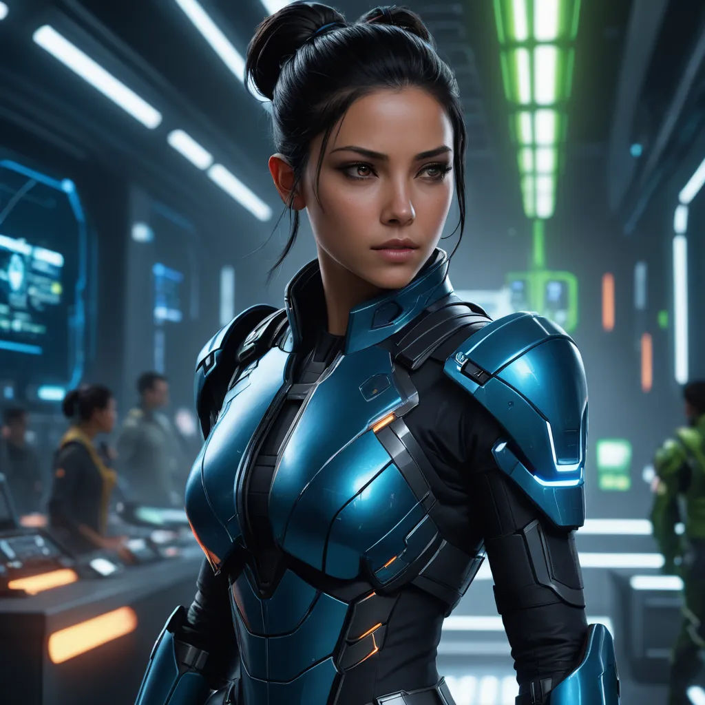 a woman in a futuristic suit standing in a room with other people in the background and a sci - fi setting, retrofuturism, computer graphics, Eve Ryder, unreal 5
