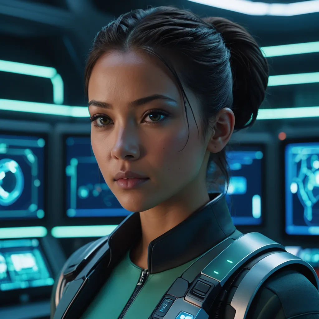 a woman in a star wars outfit standing in front of a computer screen with a futuristic background and a sci - fi character, photorealism, computer graphics, Eve Ryder, unreal 5