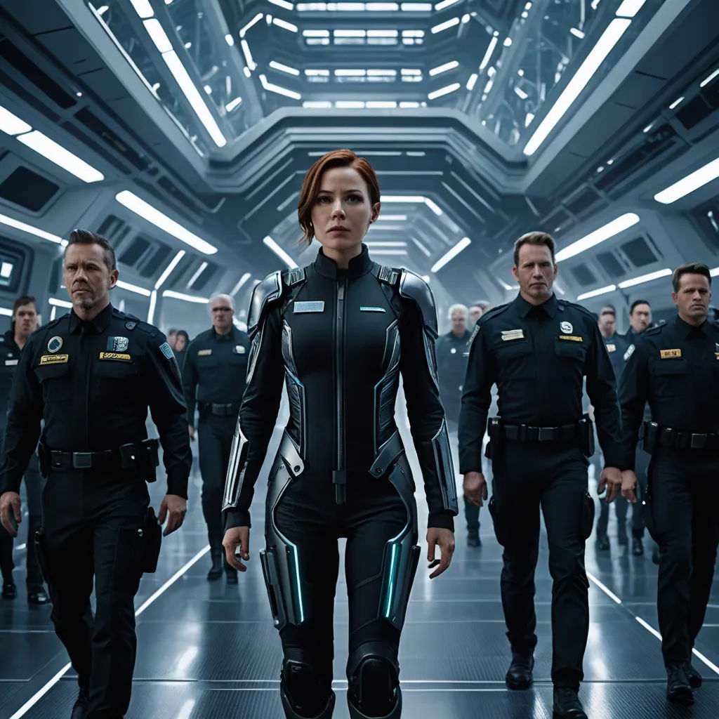 a group of people in black suits walking down a hallway with lights on them and a ceiling in the background, antipodeans, poster art, Felix-Kelly, promotional image