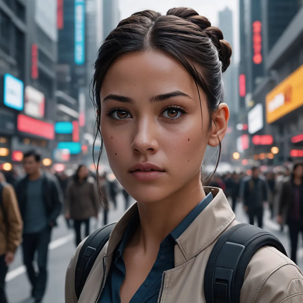 a woman with a ponytail standing in the middle of a street with people walking around her and buildings in the background, photorealism, a character portrait, Daniel Lieske, vfx
