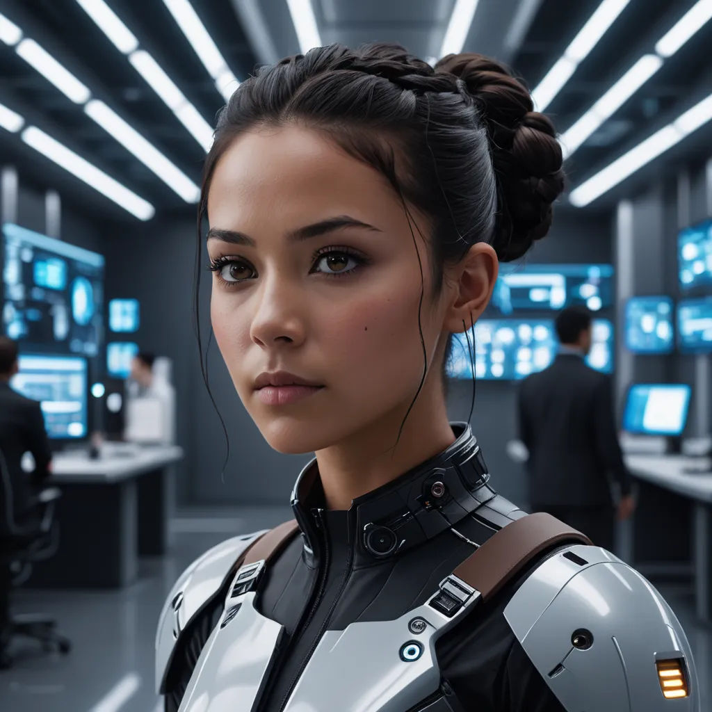 a woman in a futuristic suit standing in a room with people in the background and a man in a suit standing in the foreground, computer art, a character portrait, Eve Ryder, promotional image