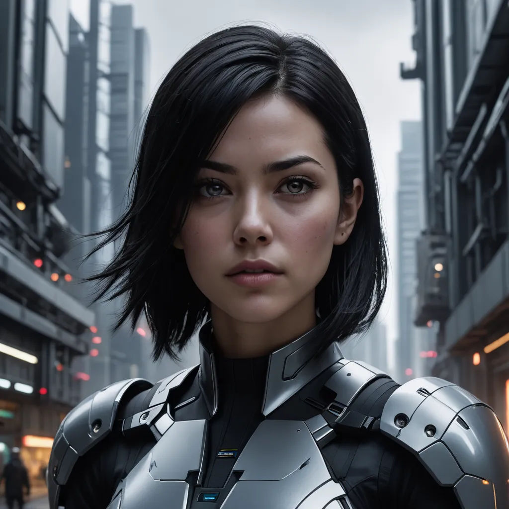 a woman in a futuristic suit standing in a city street with a cityscape in the background and a man in the foreground, photorealism, a character portrait, Cedric Peyravernay, unreal 5 render