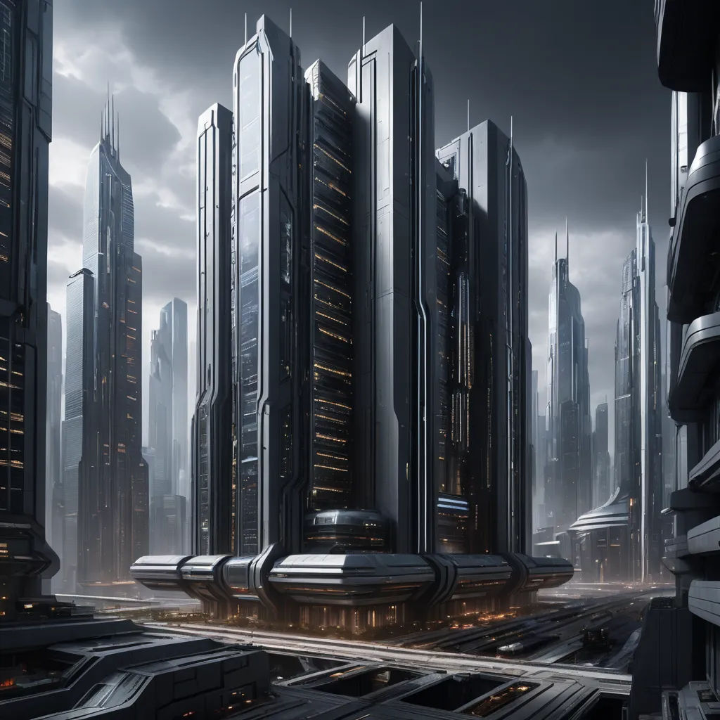 a futuristic city with a lot of tall buildings and a train on the tracks in the foreground and a cloudy sky, brutalism, a detailed matte painting, Craig Mullins, mass effect