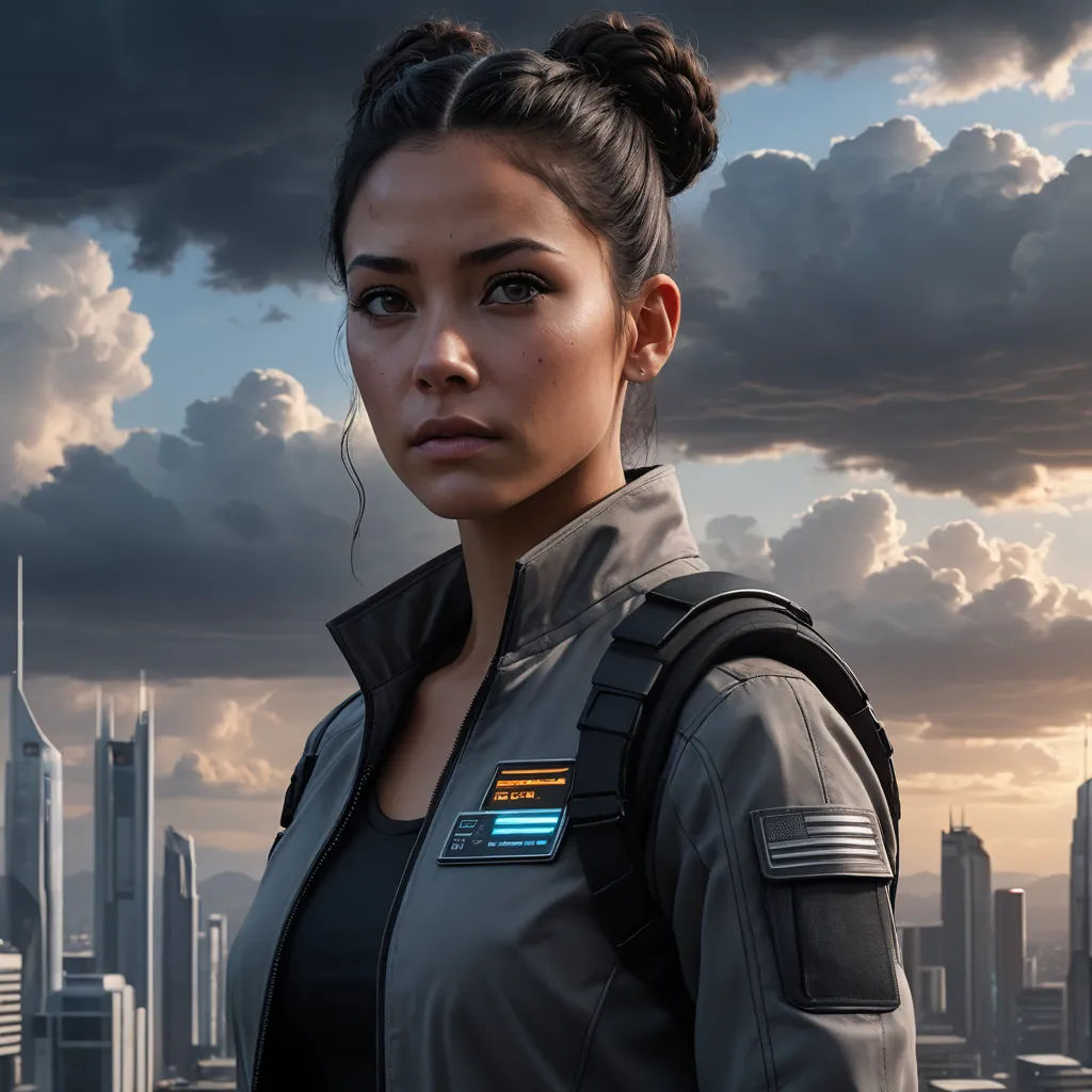 a woman in a star wars uniform standing in front of a cityscape with a cloudy sky in the background, sots art, a character portrait, Eve Ryder, key art