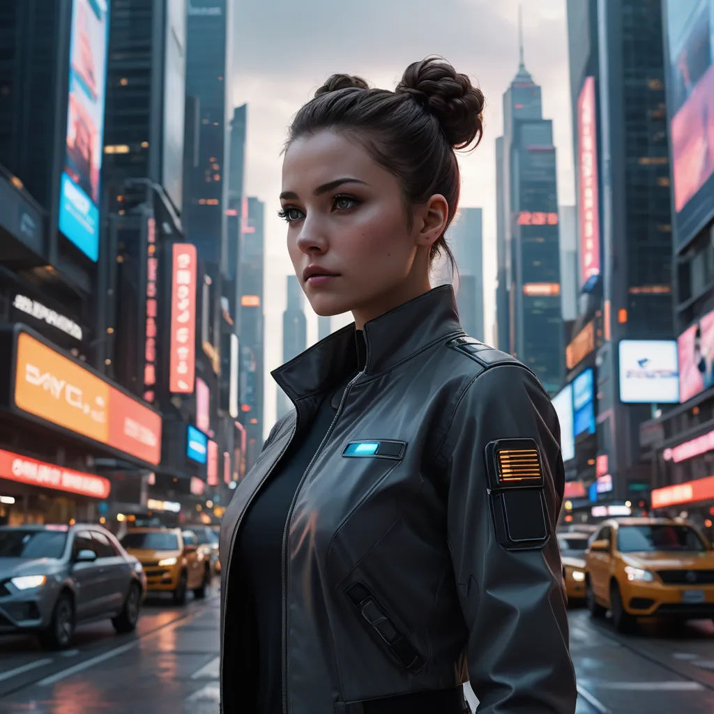 a woman in a black leather jacket standing in the middle of a city street with a lot of traffic, retrofuturism, cyberpunk art, Cedric Peyravernay, cgstudio