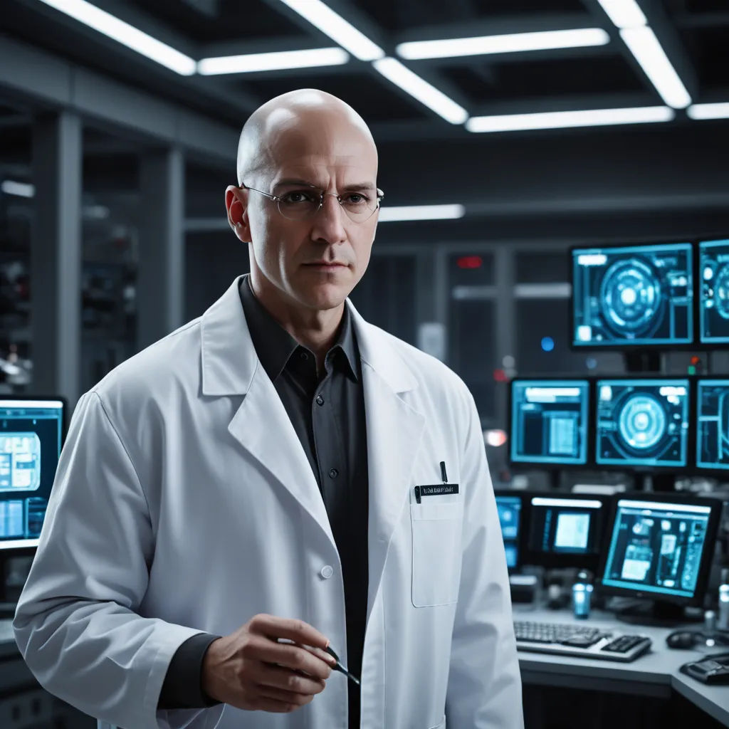 a man in a lab coat standing in front of a computer screen with a lot of monitors on it, dau-al-set, a character portrait, Dr. Atl, promotional image