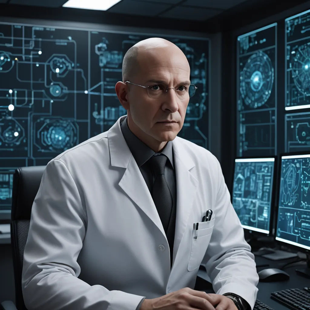 a man in a lab coat sitting in front of a computer monitor with a lot of screens on it, neoplasticism, computer graphics, Doc Hammer, promotional image
