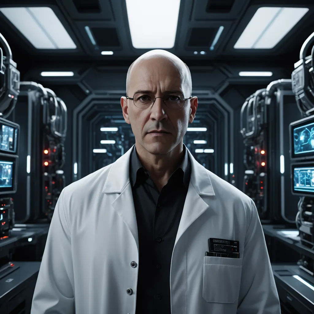 a man in a lab coat standing in a room with many monitors on the wall and a ceiling with lights, photorealism, a character portrait, Doc Hammer, promotional image