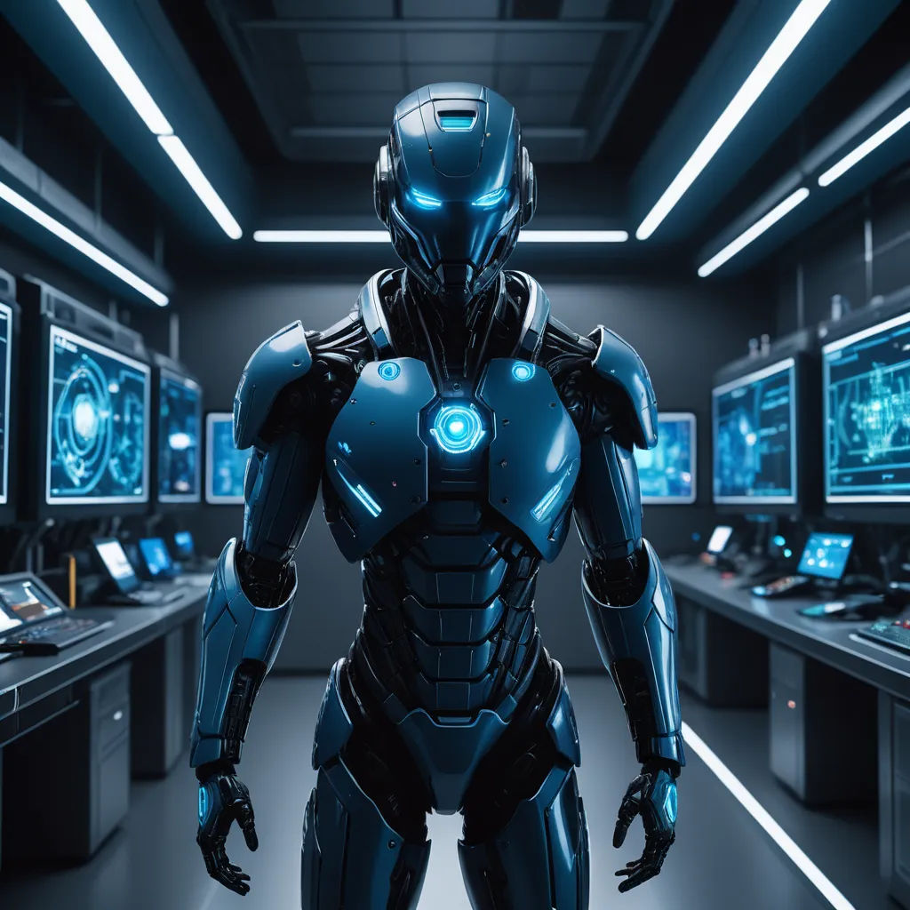 a robot standing in a room with many monitors on the wall and a laptop on the desk in front of him, les automatistes, a computer rendering, Beeple, unreal 5 render