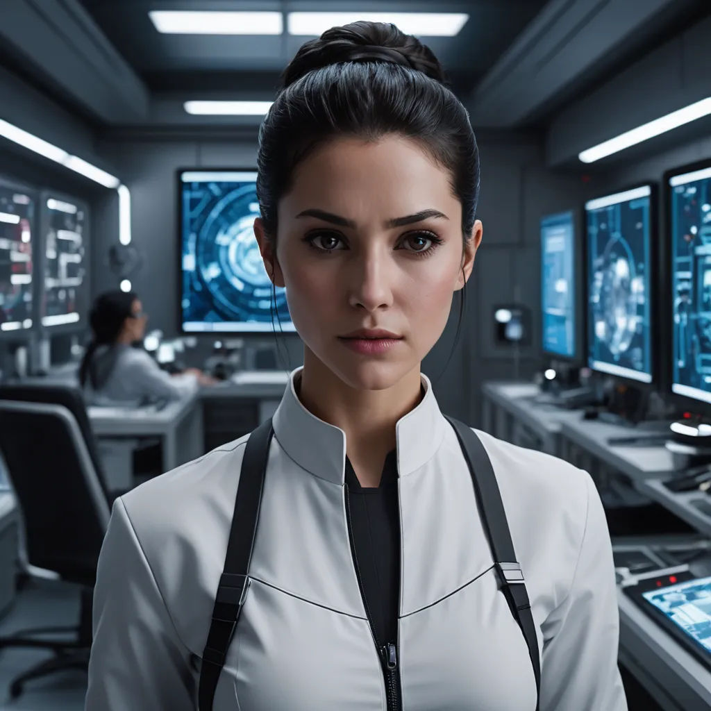 a woman in a white shirt and black suspenders in a control room with monitors and a woman in a white shirt, computer art, a character portrait, Eve Ryder, promotional image