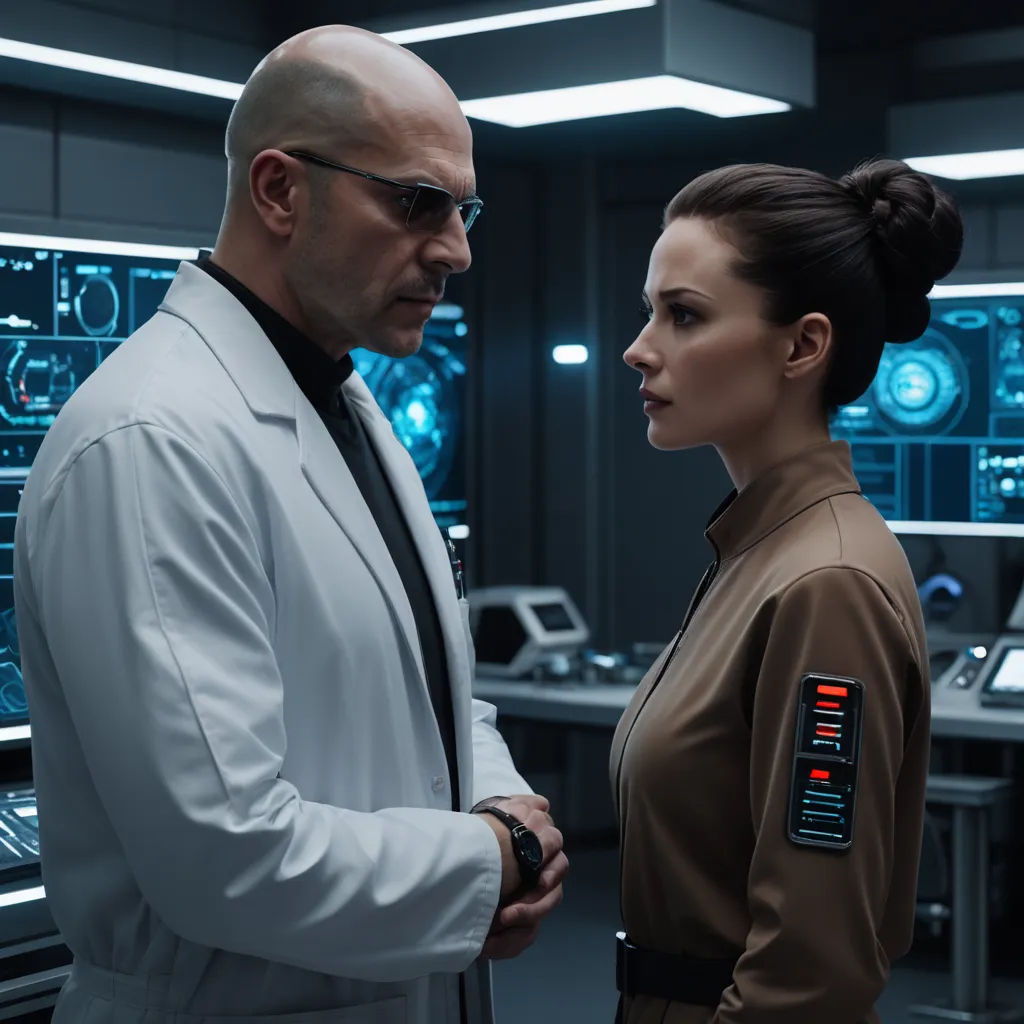 a man and a woman in a star wars scene looking at each other in a control room with a lot of lights, retrofuturism, a renaissance painting, Ada Gladys Killins, promotional image